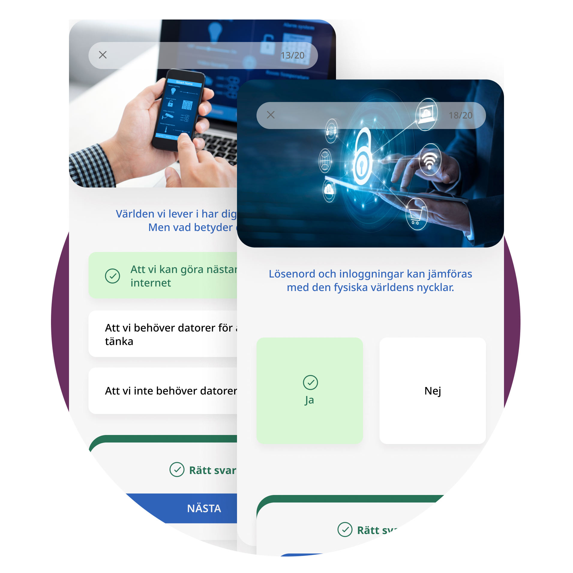 Två skärmavbilder från Lingios kurs i cybersäkerhet, visande ett engagerande quiz.